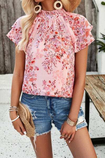 Printed Ruffled Mock Neck Blouse - Trendsi - Flyclothing LLC