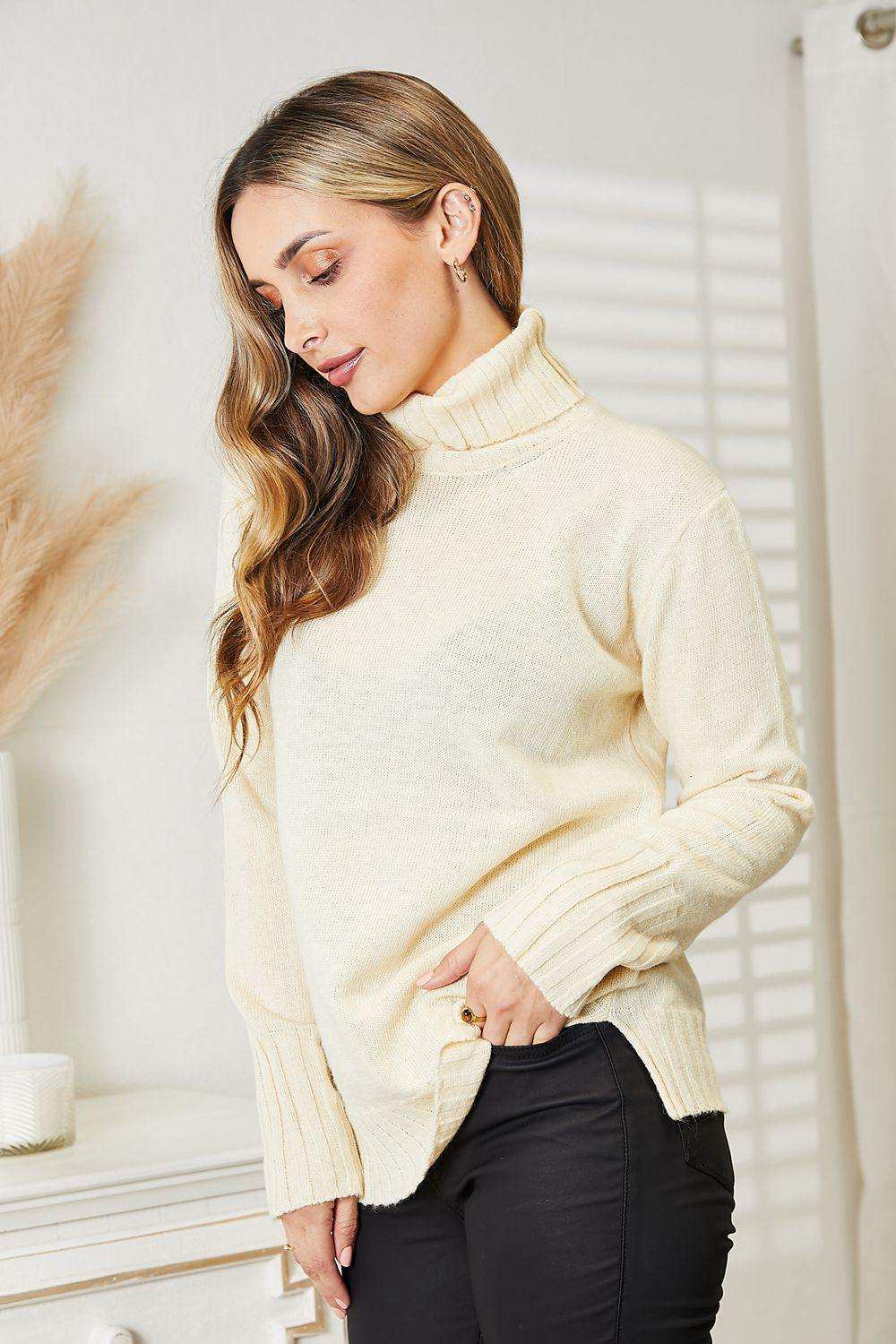 Heimish Full Size Long Sleeve Turtleneck Sweater with Side Slit - Trendsi - Flyclothing LLC
