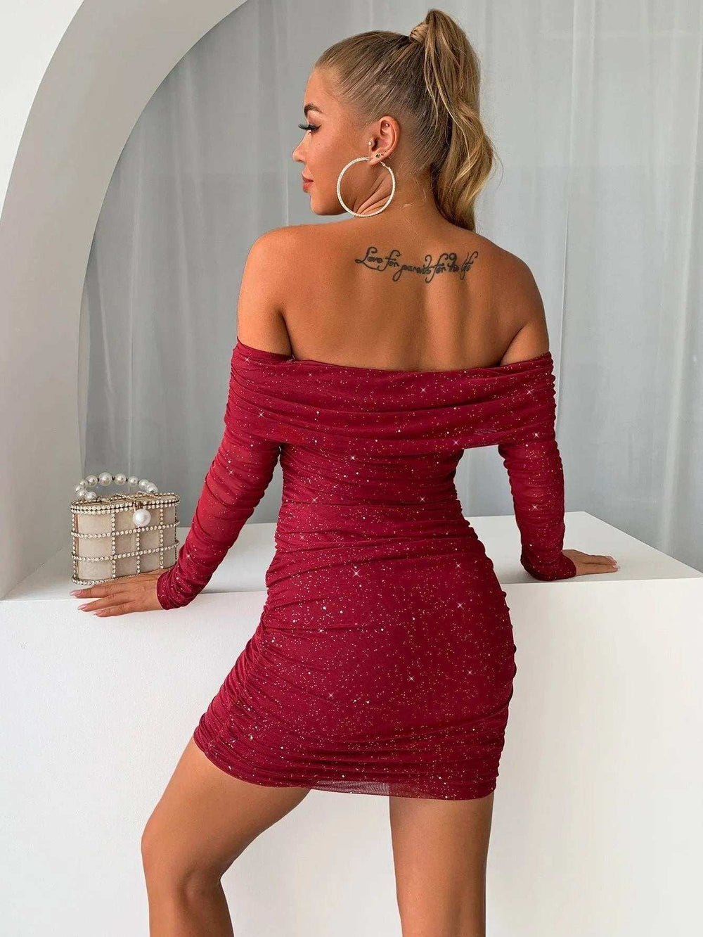 Glitter Mesh Off-Shoulder Ruched Mini Dress - Trendsi - Flyclothing LLC