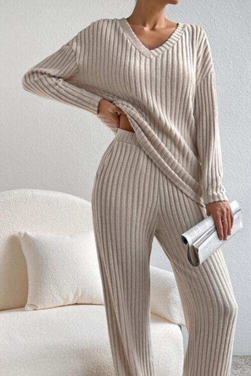 Ribbed V-Neck Top and Pants Set - Trendsi - Flyclothing LLC