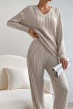 Ribbed V-Neck Top and Pants Set - Trendsi - Flyclothing LLC