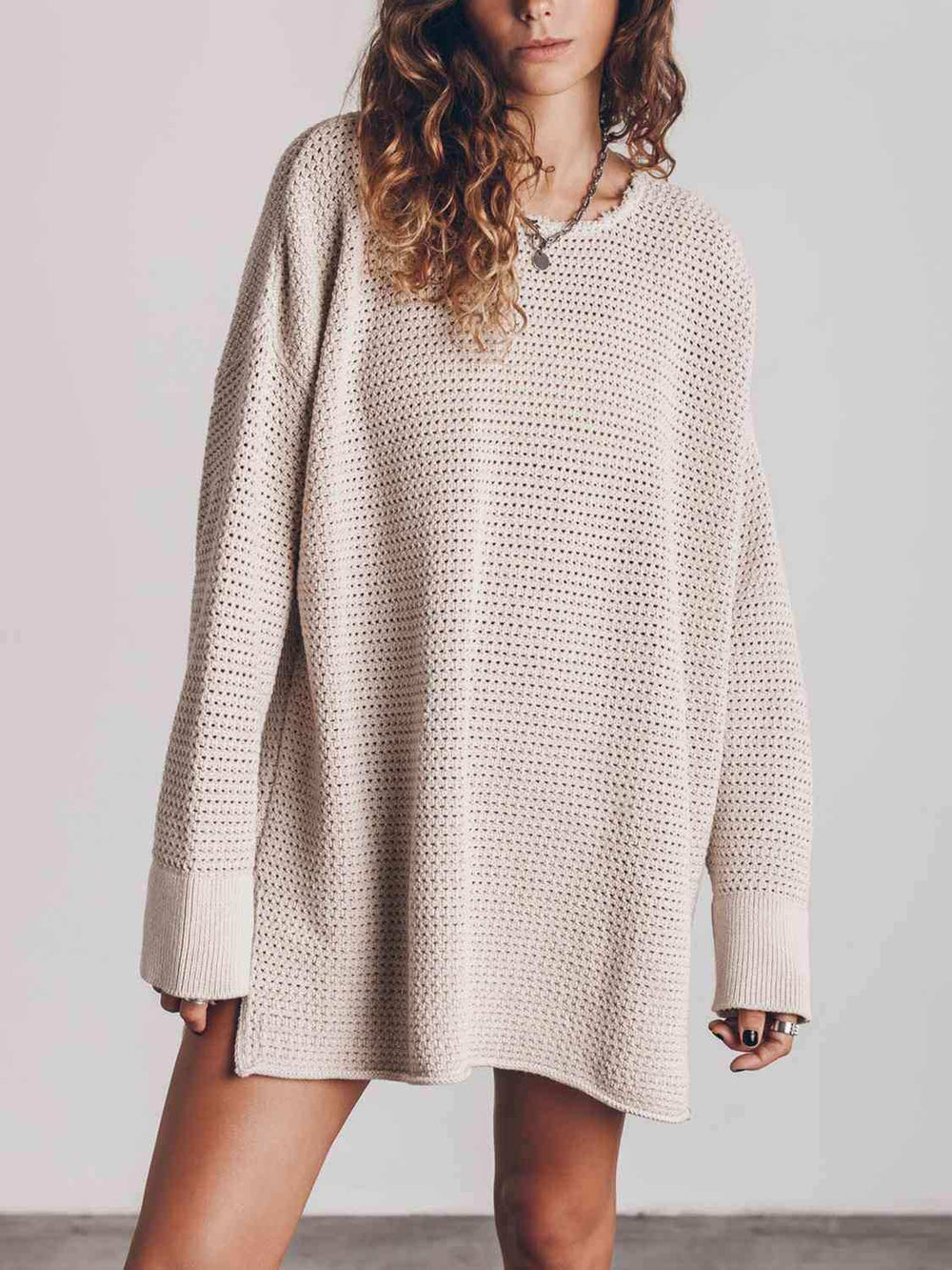 Openwork Round Neck Long Sleeve Slit Sweater - Trendsi - Flyclothing LLC