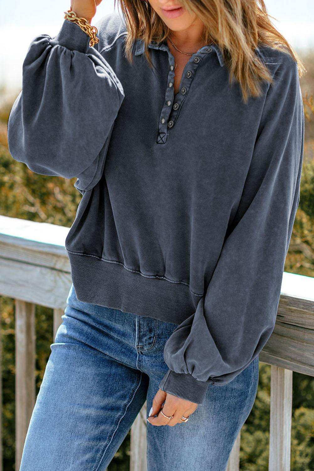 Quarter-Snap Collared Lantern Sleeve Sweatshirt - Trendsi - Flyclothing LLC