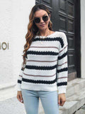 Striped Round Neck Long Sleeve Sweater - Trendsi - Flyclothing LLC