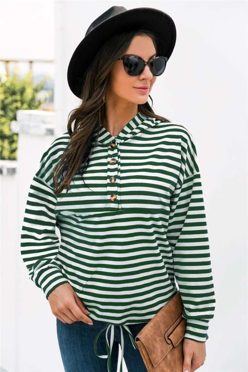 Striped Half-Button Dropped Shoulder Hoodie - Trendsi - Flyclothing LLC