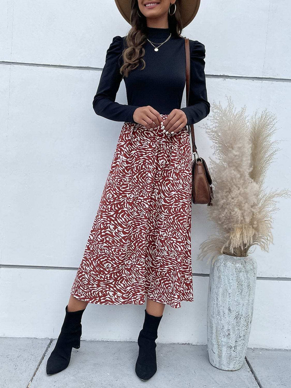 Printed Mock Neck Puff Sleeve Midi Dress - Trendsi - Flyclothing LLC