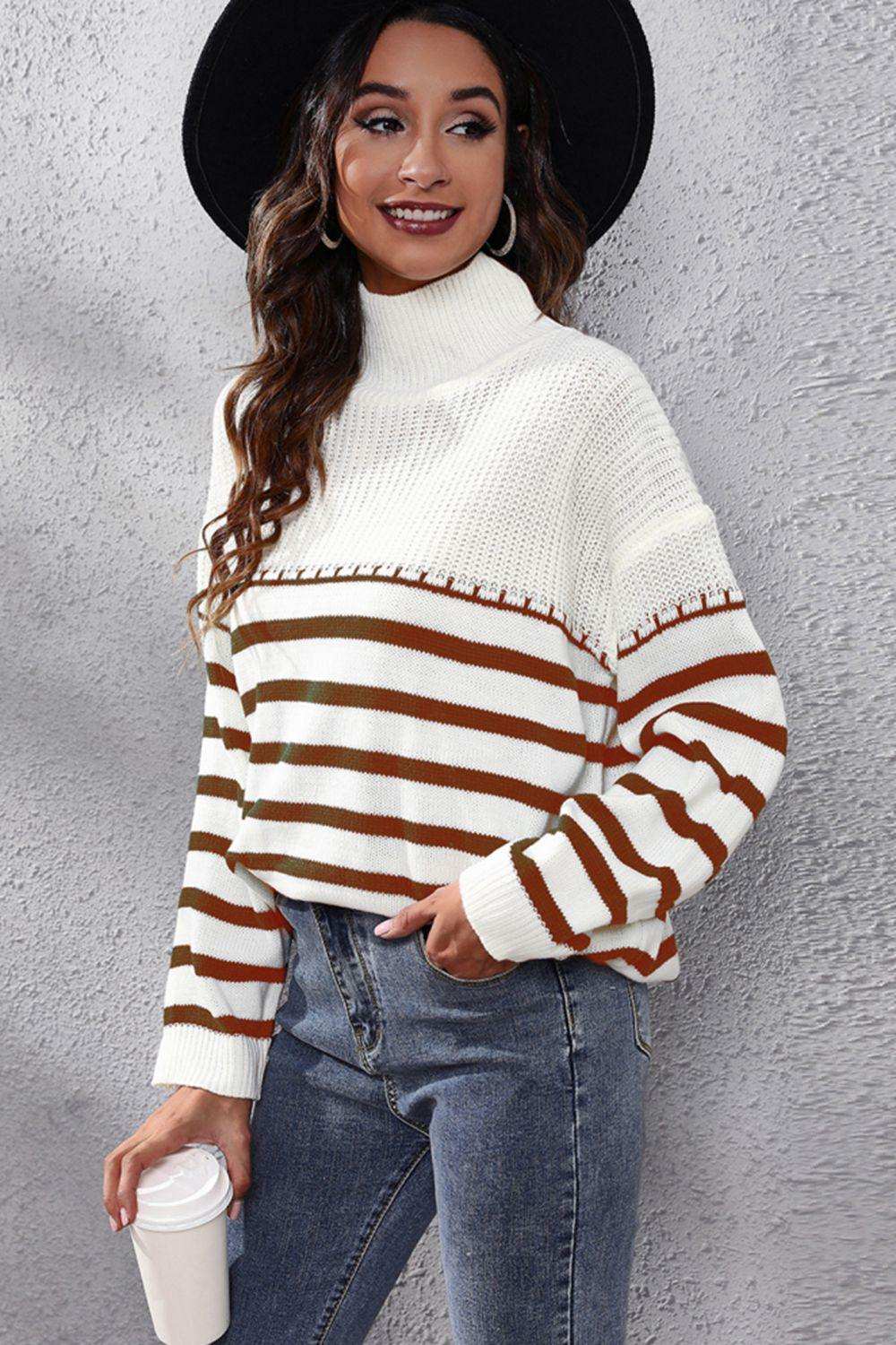 Striped Turtleneck Drop Shoulder Sweater - Trendsi - Flyclothing LLC