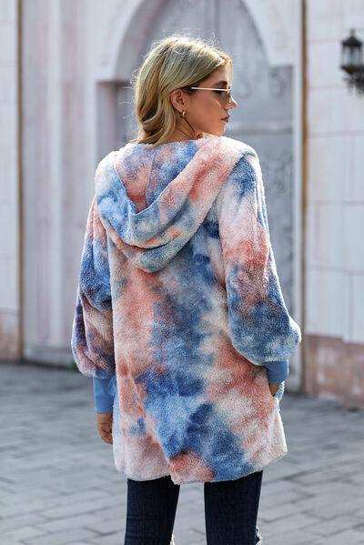 Tie-Dye Plush Hooded Jacket with Pockets - Trendsi - Flyclothing LLC