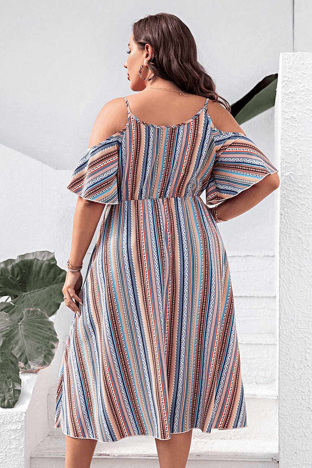 Plus Size Striped Cold-Shoulder Dress - Trendsi - Flyclothing LLC