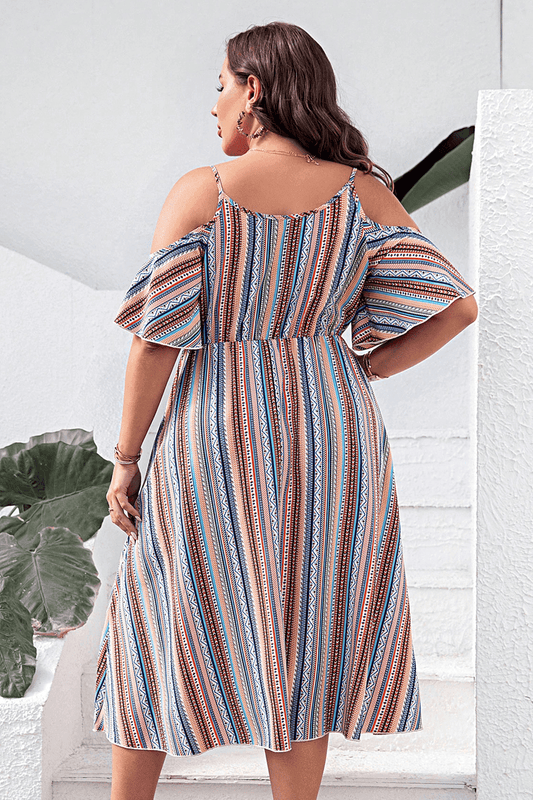 Plus Size Striped Cold-Shoulder Dress - Trendsi - Flyclothing LLC