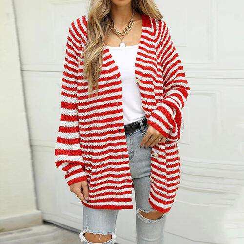 Striped Button Down Long Sleeve Cardigan - Trendsi - Flyclothing LLC