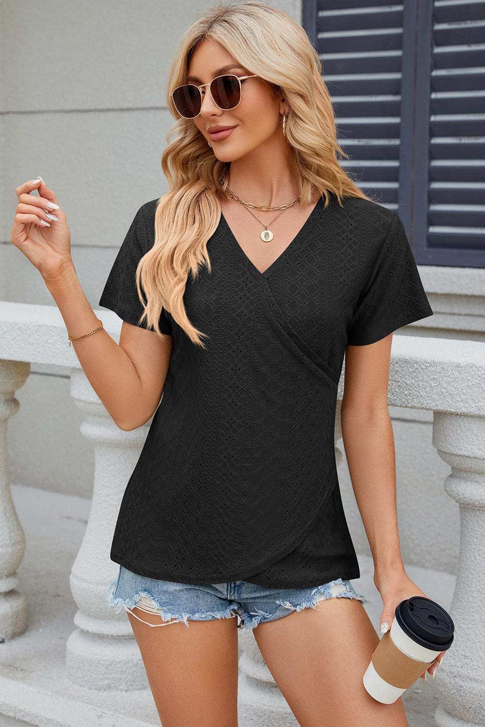 Eyelet Surplice Short Sleeve T-Shirt - Trendsi - Flyclothing LLC