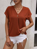 Buttoned V-Neck Short Sleeve Blouse - Trendsi - Flyclothing LLC