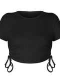 Round Neck Short Sleeve Drawstring Tee - Trendsi - Flyclothing LLC