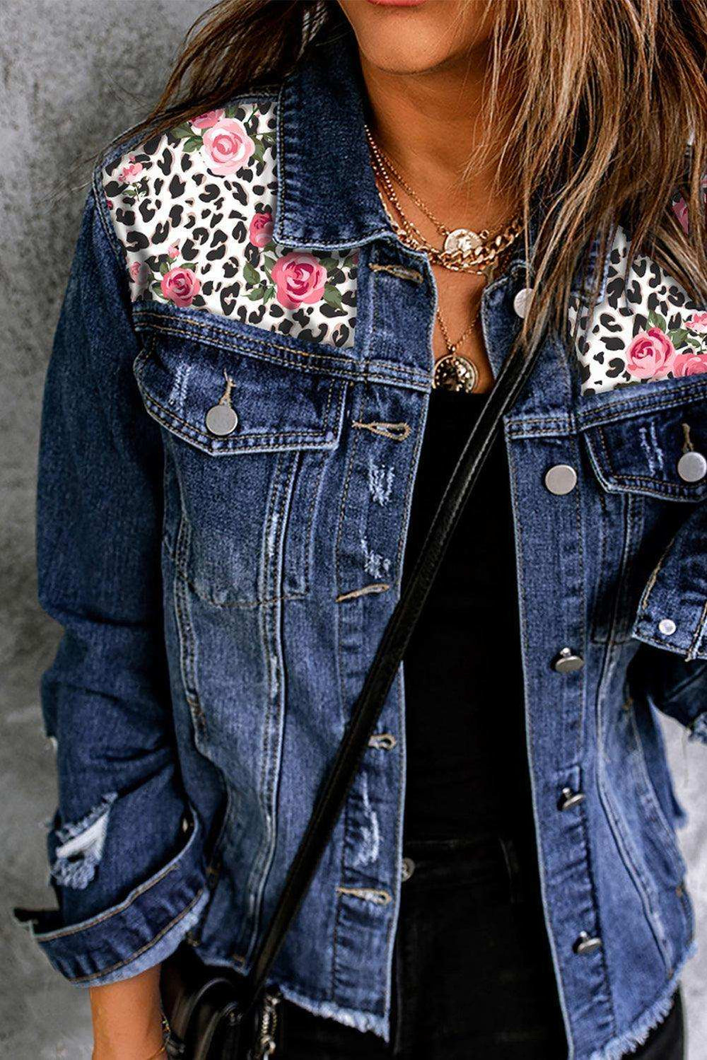 Mixed Print Distressed Button Front Denim Jacket - Trendsi - Flyclothing LLC