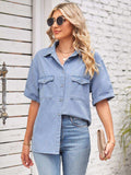 Collared Neck Short Sleeve Denim Jacket - Trendsi - Flyclothing LLC