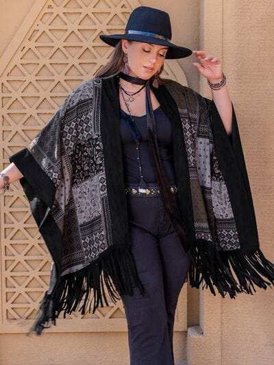 Plus Size Printed Fringe Open Front Outerwear - Trendsi - Flyclothing LLC