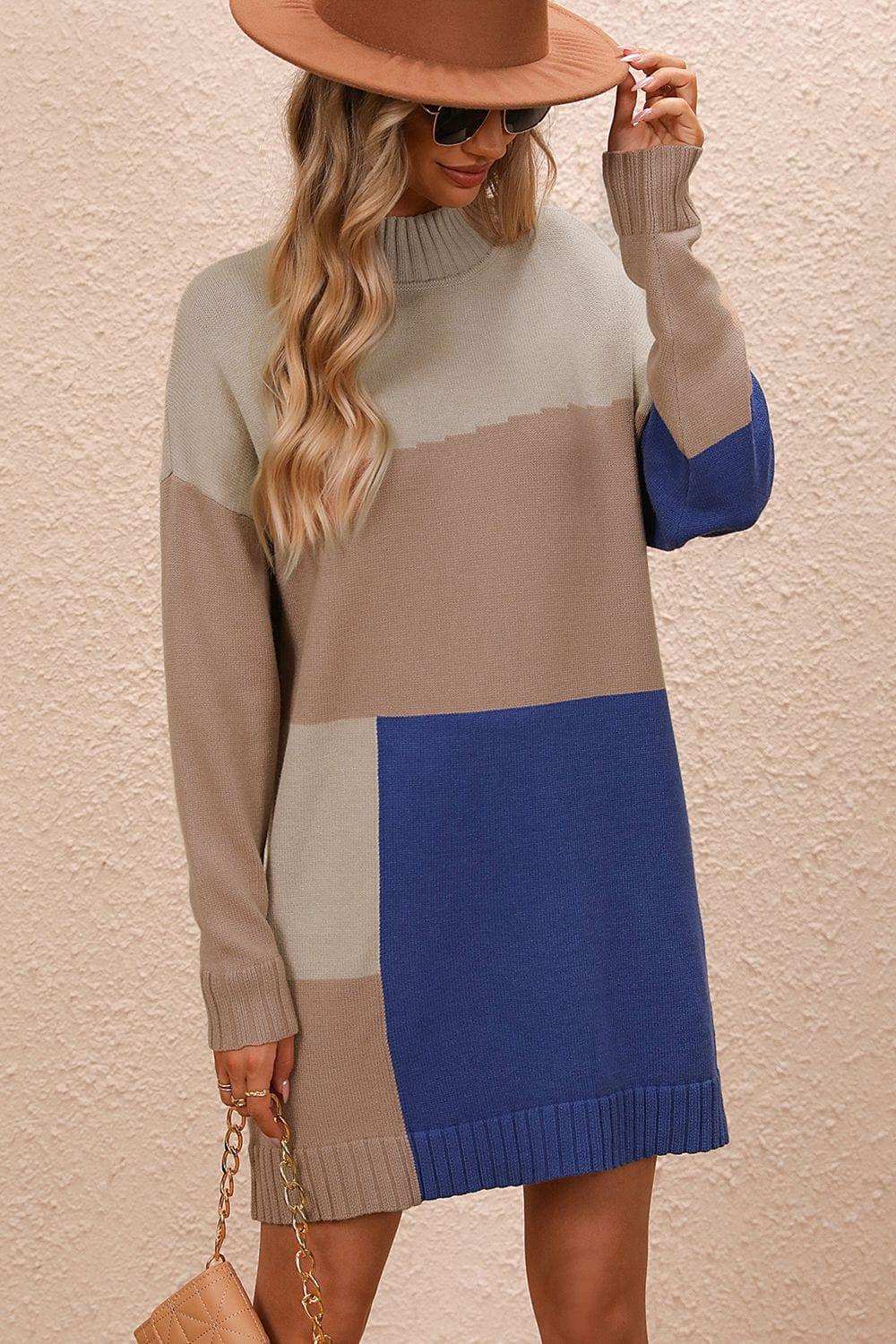 Color Block Mock Neck Dropped Shoulder Sweater Dress - Trendsi - Flyclothing LLC