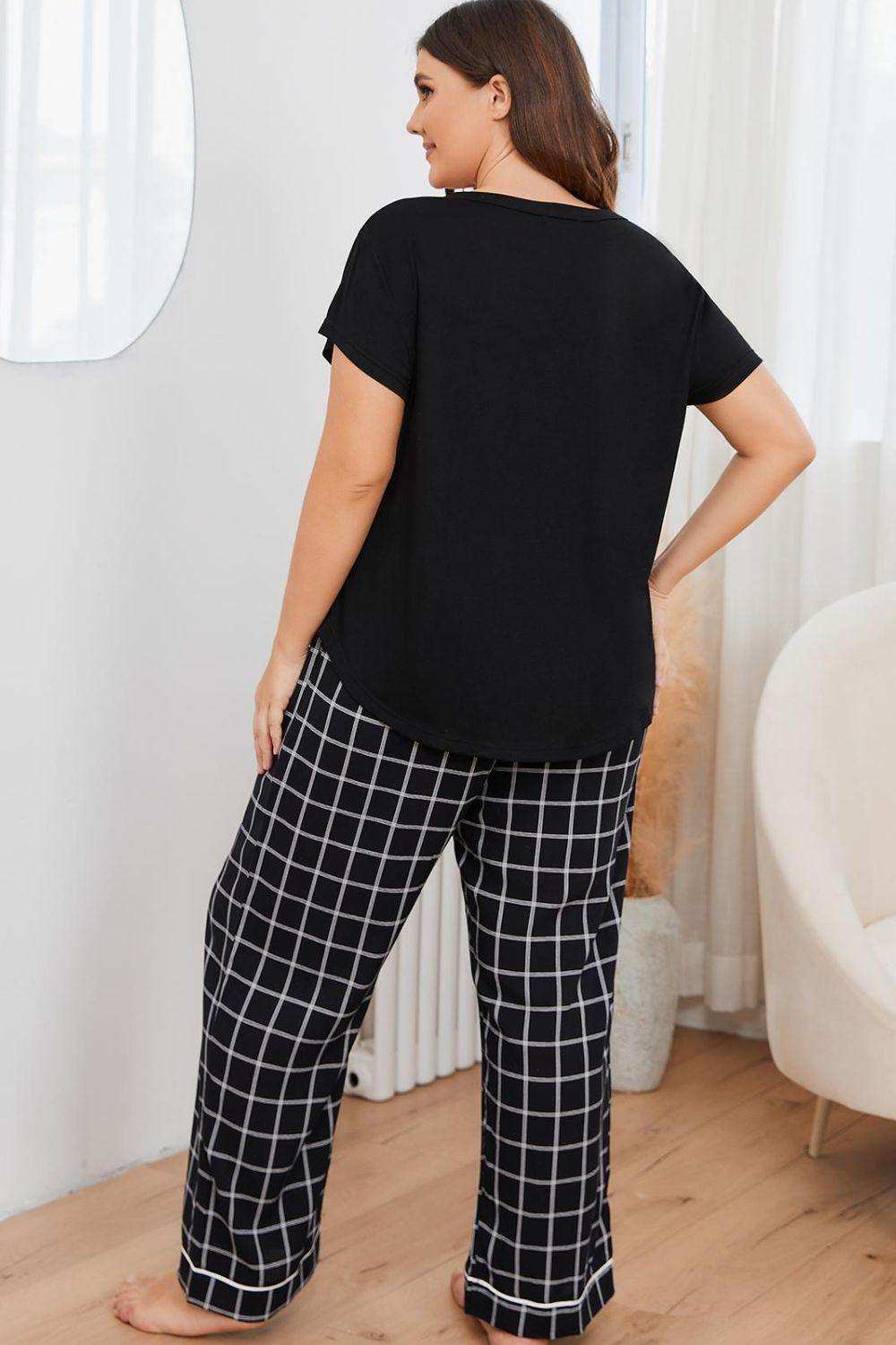 Plus Size V-Neck Top and Plaid Pants Lounge Set - Trendsi - Flyclothing LLC