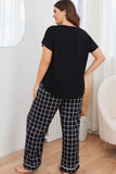 Plus Size V-Neck Top and Plaid Pants Lounge Set - Trendsi - Flyclothing LLC
