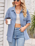 Collared Neck Short Sleeve Denim Jacket - Trendsi - Flyclothing LLC