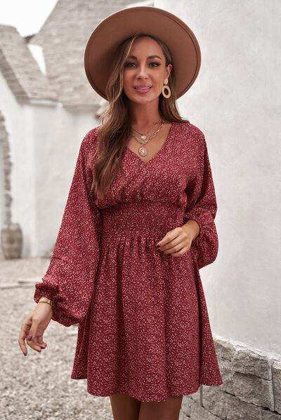Smocked V-Neck Balloon Sleeve Dress - Trendsi - Flyclothing LLC