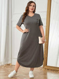 Plus Size Pocketed V-Neck Short Sleeve Lounge Dress - Trendsi - Flyclothing LLC
