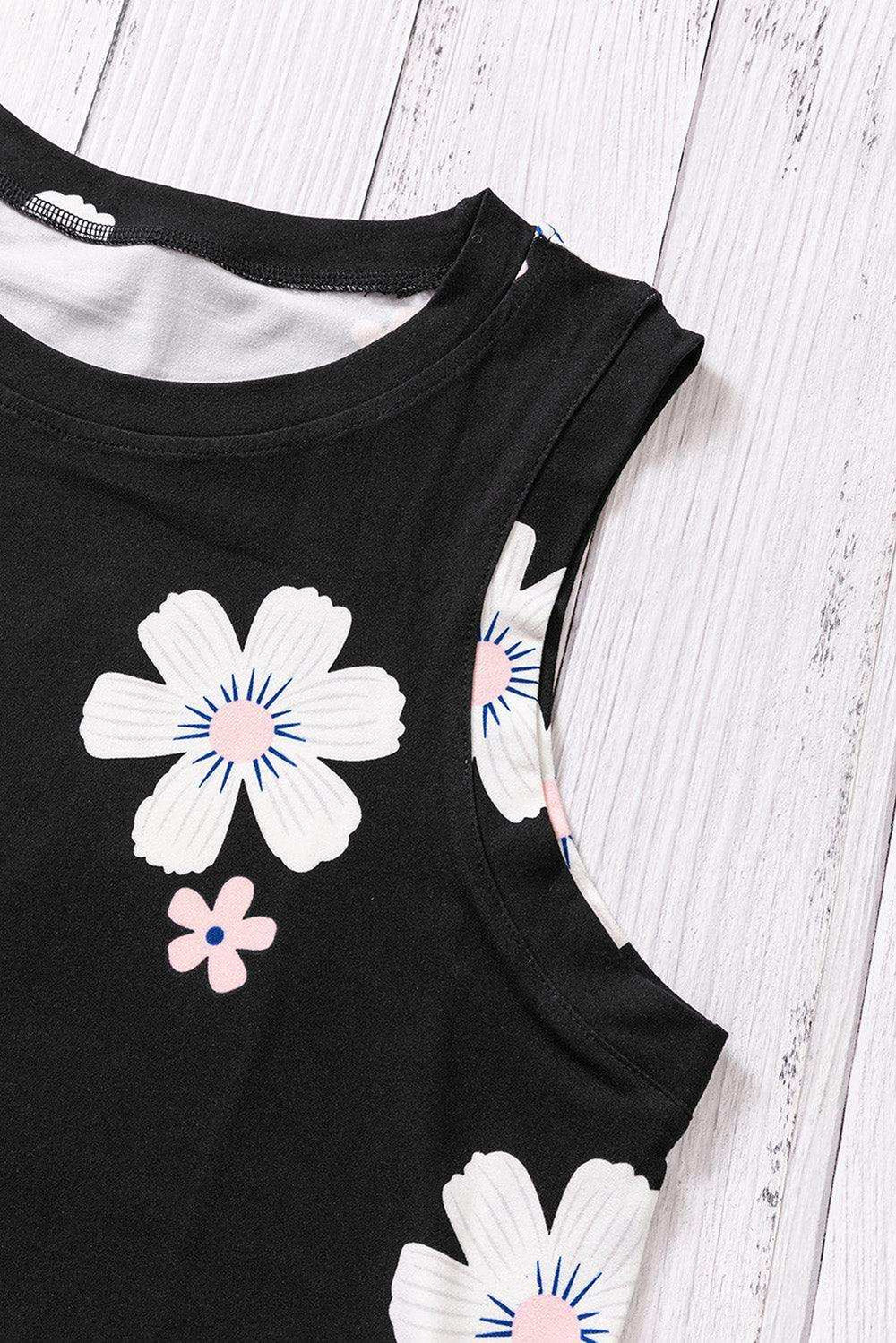 Printed Side Slit Round Neck Tank - Trendsi - Flyclothing LLC