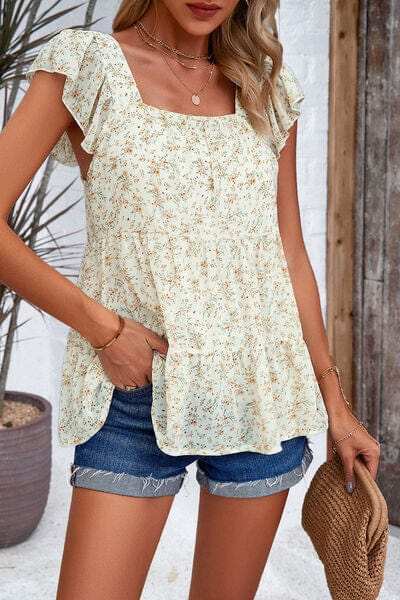 Printed Square Neck Cap Sleeve Blouse - Trendsi - Flyclothing LLC
