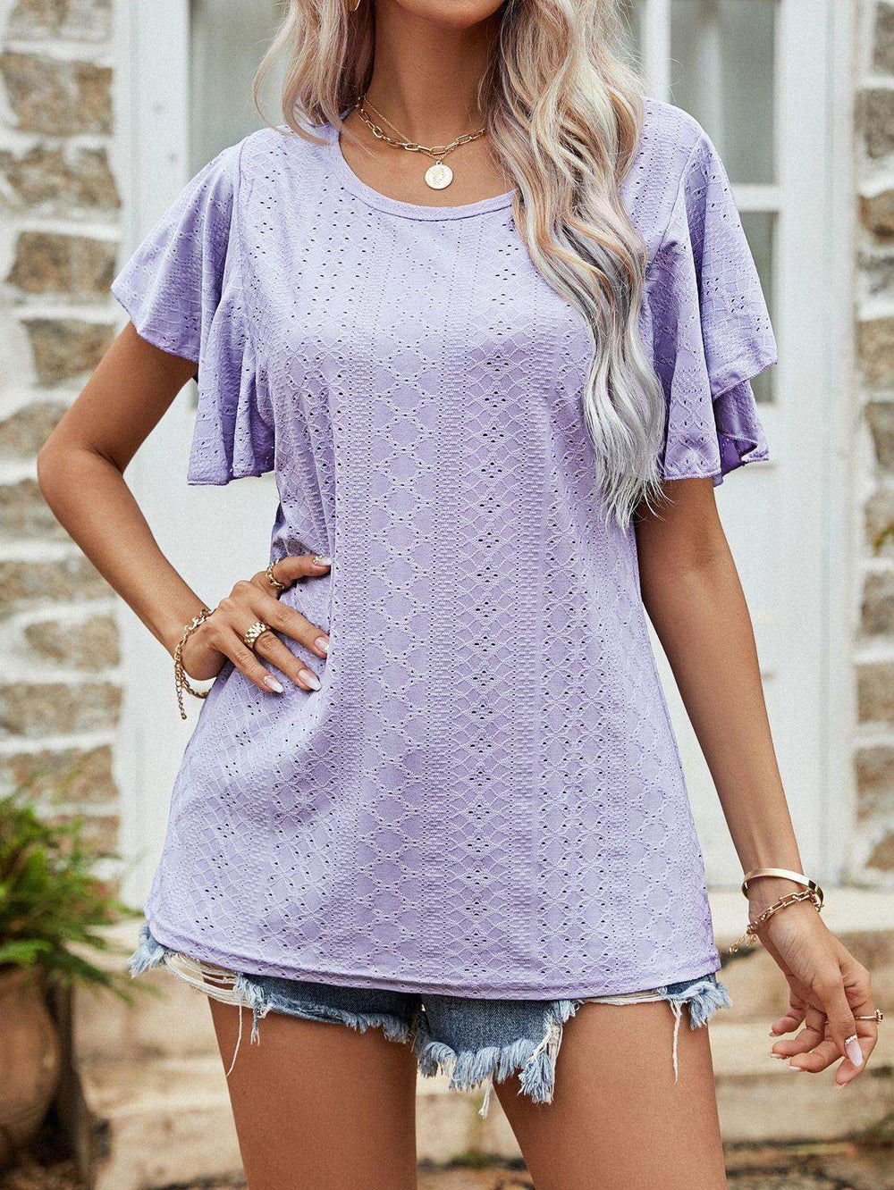 Round Neck Flutter Sleeve Blouse - Trendsi - Flyclothing LLC