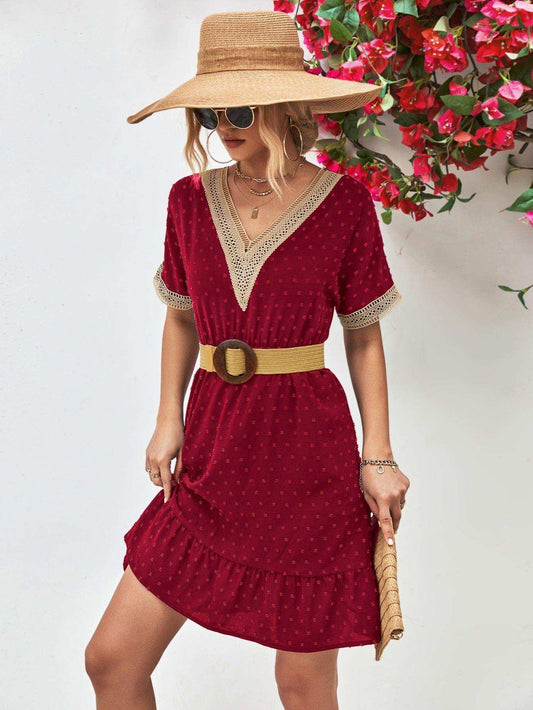 Contrast V-Neck Short Sleeve Mini Dress - Trendsi - Flyclothing LLC