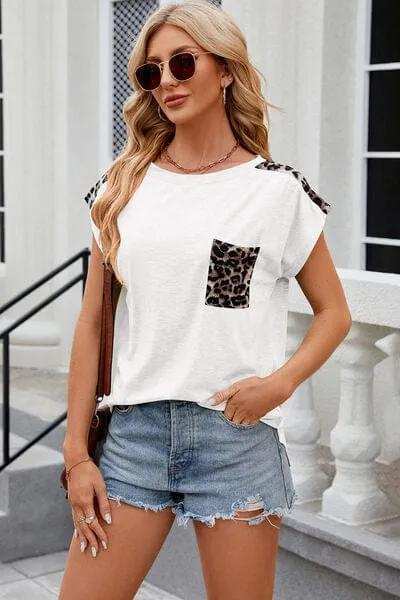 Leopard Round Neck Cap Sleeve T-Shirt - Trendsi - Flyclothing LLC