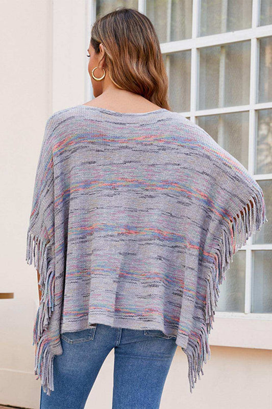 Round Neck Fringe Detail Sleeve Poncho - Trendsi - Flyclothing LLC