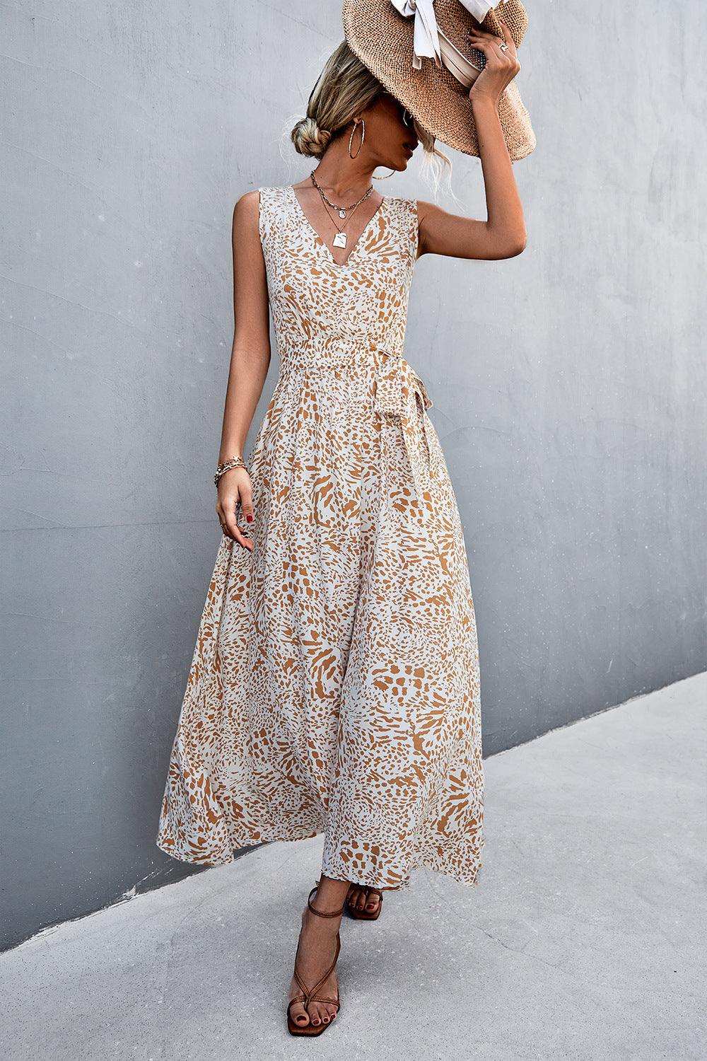 Printed V-Neck Tie Waist Maxi Dress - Trendsi - Flyclothing LLC