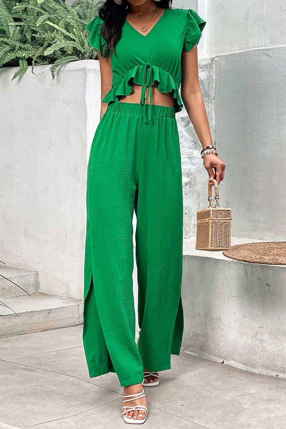V-Neck Ruffle Hem Top and Slit Pants Set - Trendsi - Flyclothing LLC