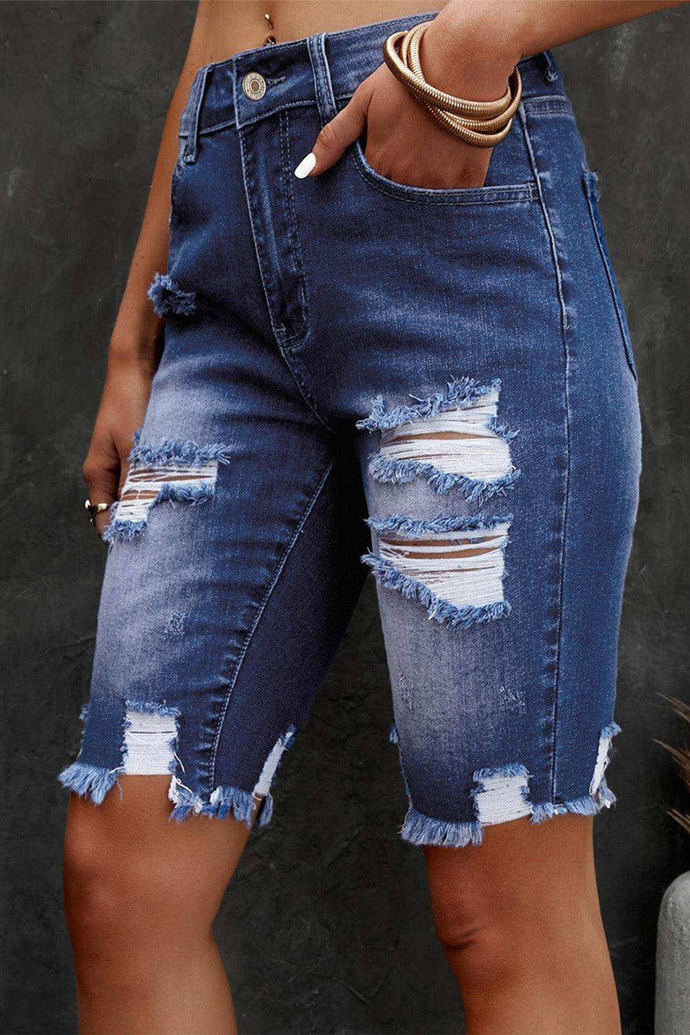 Distressed Frayed Hem Denim Bermuda Shorts - Trendsi - Flyclothing LLC