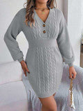 Buttoned Cable-Knit V-Neck Sweater Dress - Trendsi - Flyclothing LLC