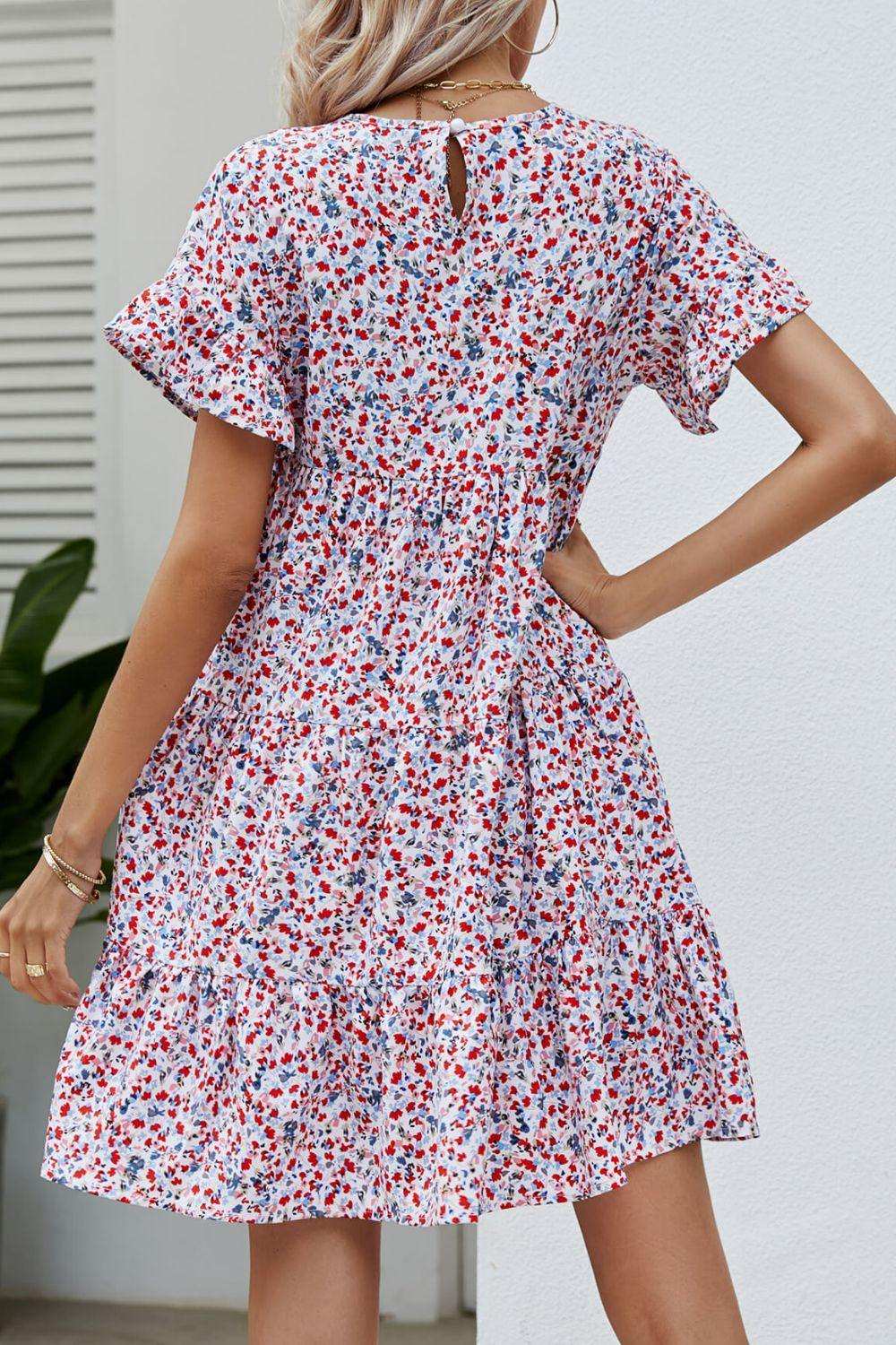Ditsy Floral Flounce Sleeve Tiered Dress - Trendsi - Flyclothing LLC