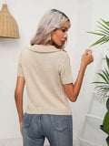 Cable-Knit Johnny Collar Short Sleeve Knit Top - Trendsi - Flyclothing LLC