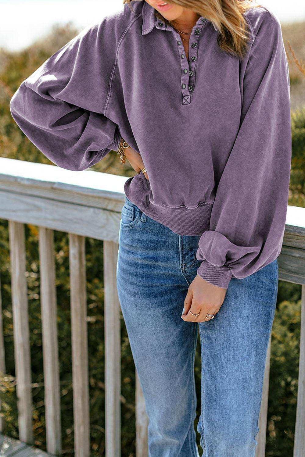 Quarter-Snap Collared Lantern Sleeve Sweatshirt - Trendsi - Flyclothing LLC