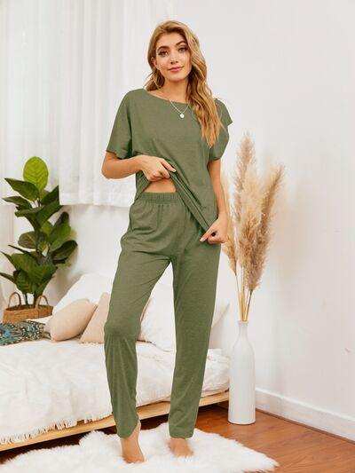Round Neck Top and Pants Lounge Set - Trendsi - Flyclothing LLC