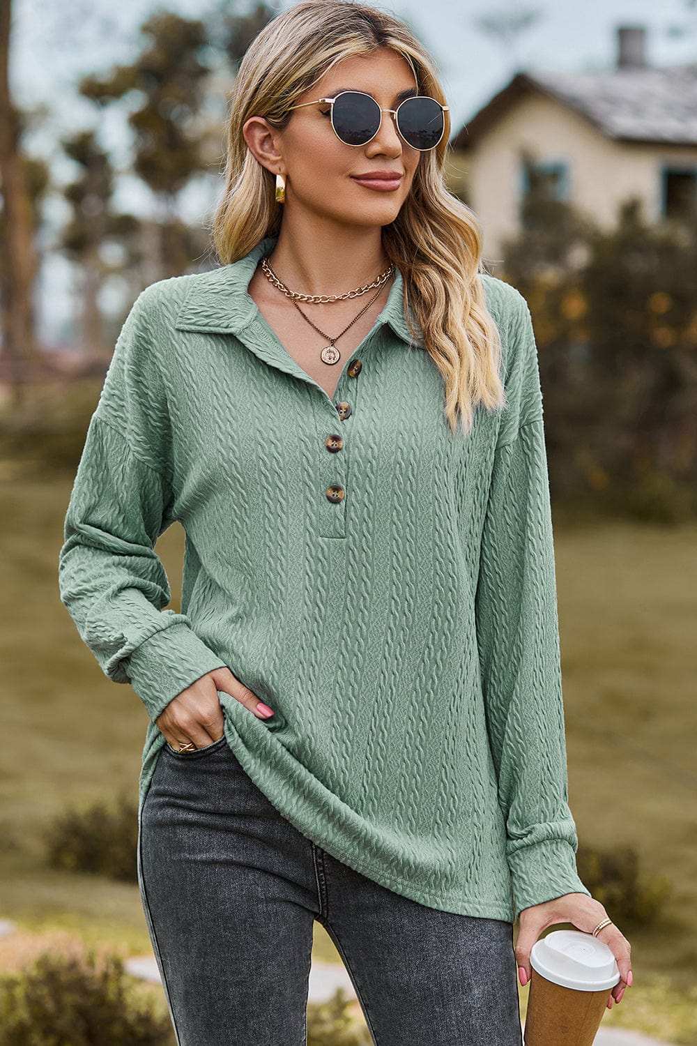 Half Button Dropped Shoulder Blouse - Trendsi - Flyclothing LLC