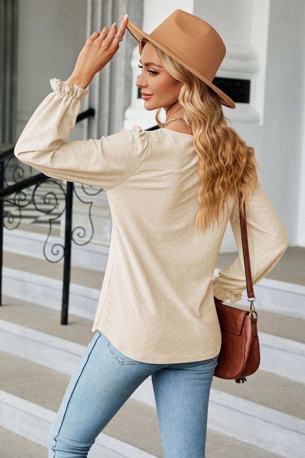 Round Neck Flounce Sleeve Blouse - Trendsi - Flyclothing LLC