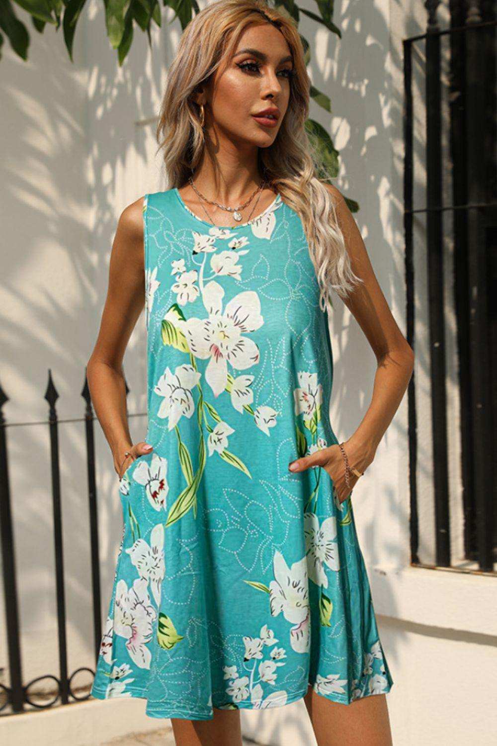 Printed Round Neck Sleeveless Dress with Pockets - Trendsi - Flyclothing LLC