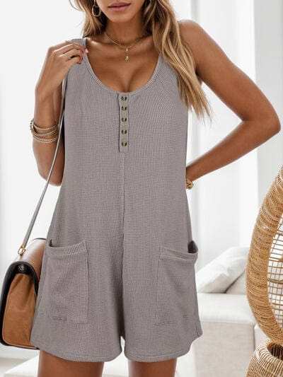 Waffle-Knit Scoop Neck Wide Strap Romper - Trendsi - Flyclothing LLC