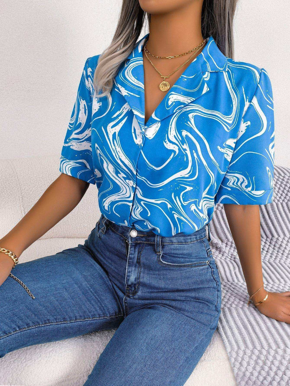 Printed Lapel Collar Shirt - Trendsi - Flyclothing LLC
