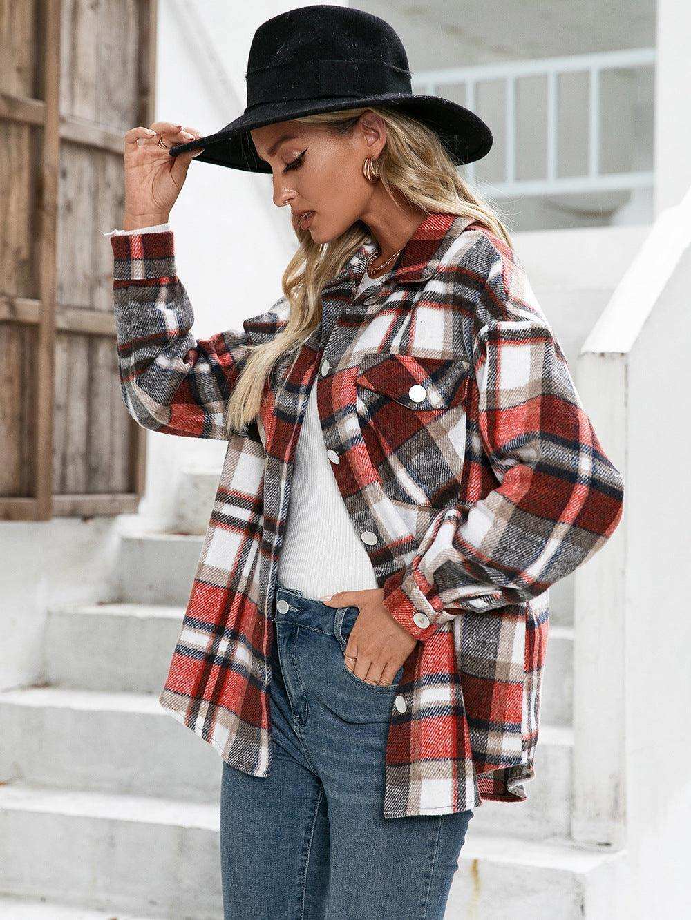 Meet You Outside Plaid Button Down Curved Hem Shacket - Trendsi - Flyclothing LLC
