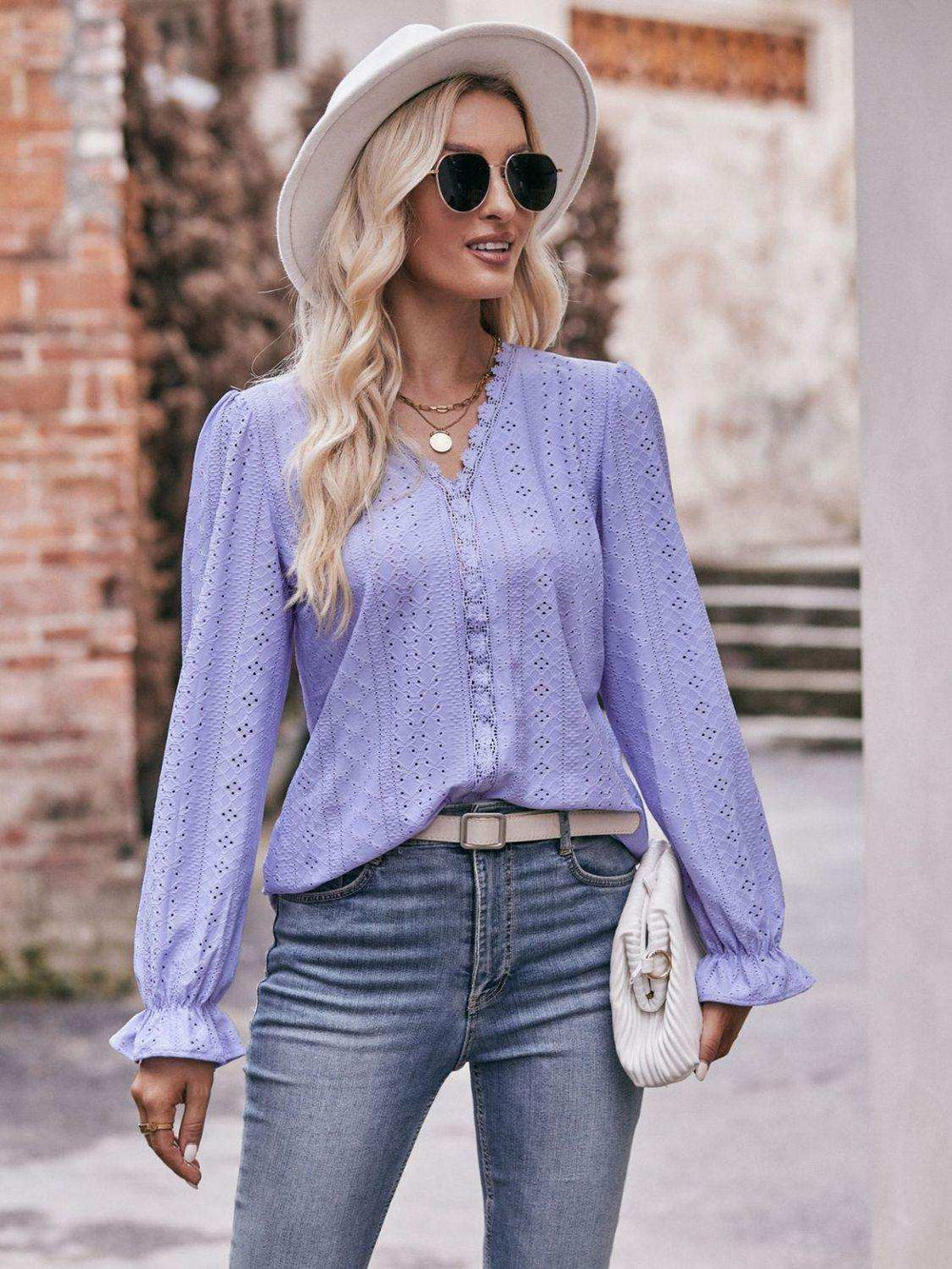 Eyelet V-Neck Flounce Sleeve Blouse - Trendsi - Flyclothing LLC