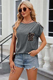 Leopard Round Neck Cap Sleeve T-Shirt - Trendsi - Flyclothing LLC