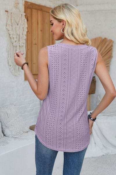 Eyelet Decorative Button V-Neck Tank - Trendsi - Flyclothing LLC